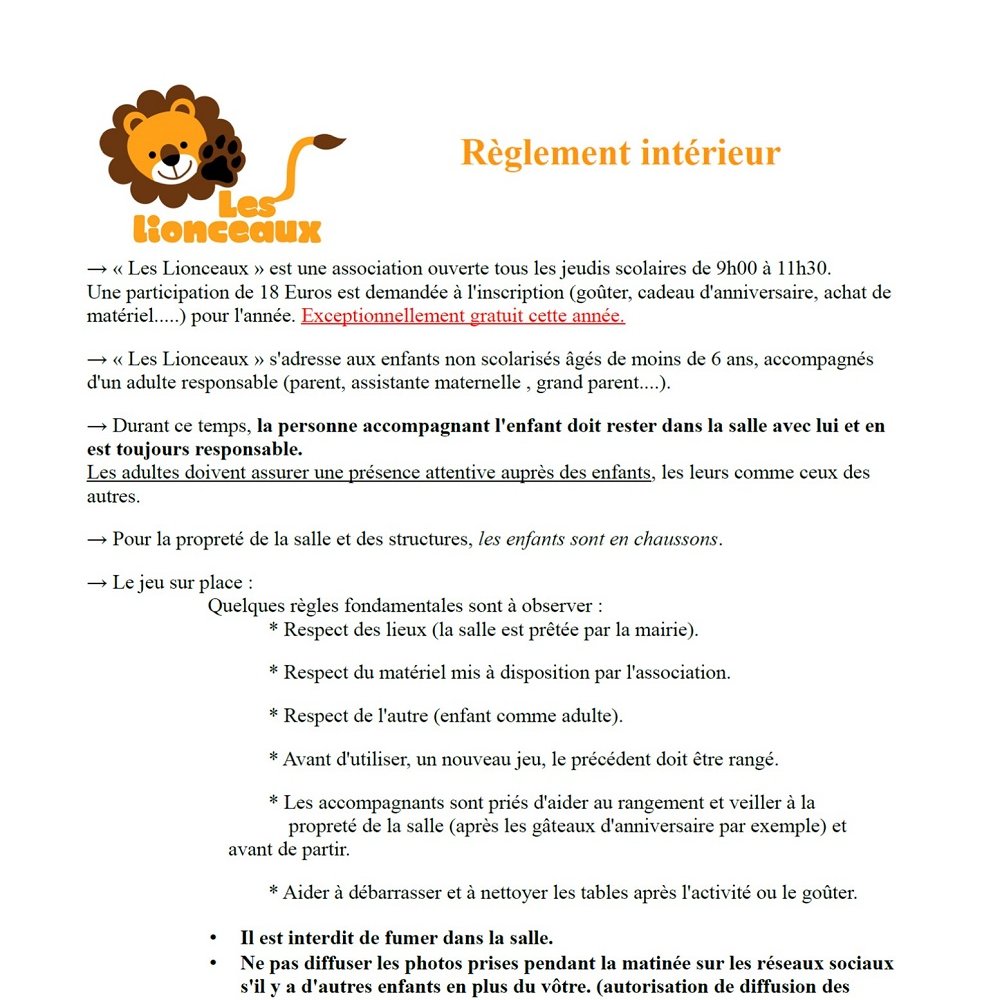 Les Lionceaux - Montreuil aux Lions - règlement intérieur